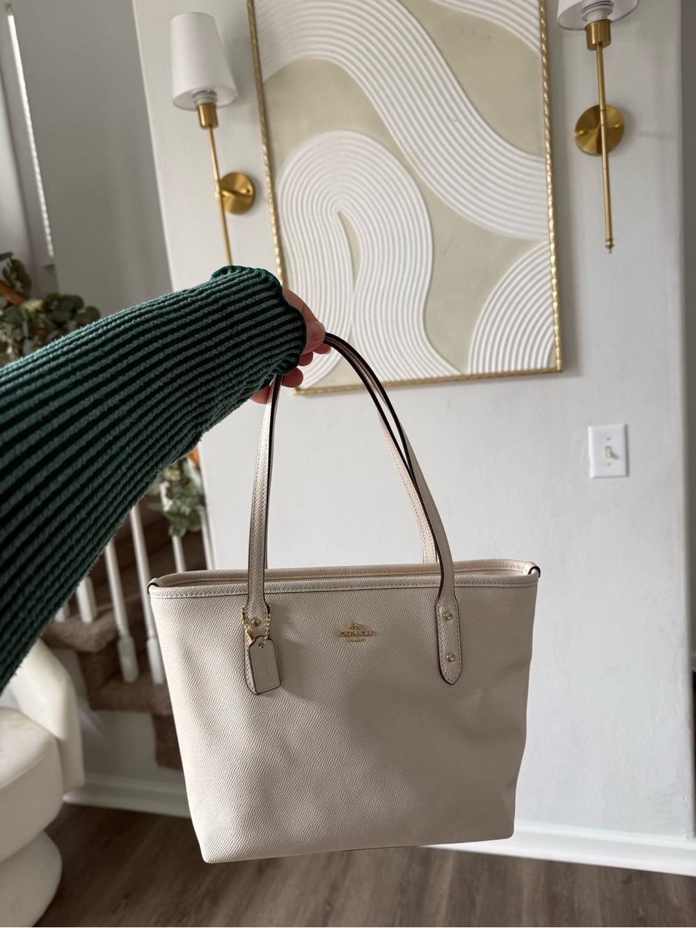Coach Pebbled Leather Tote in Cream with Gold Hardware